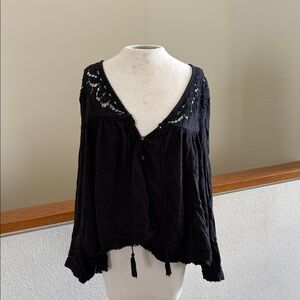 Free people boho  Black lace  Top medium tassels raw edges